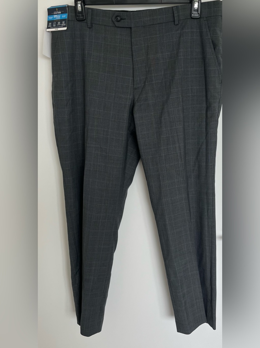 Stafford Men’s Gray & Light blue Windowpane Flat Front CoolMax Dress Pants